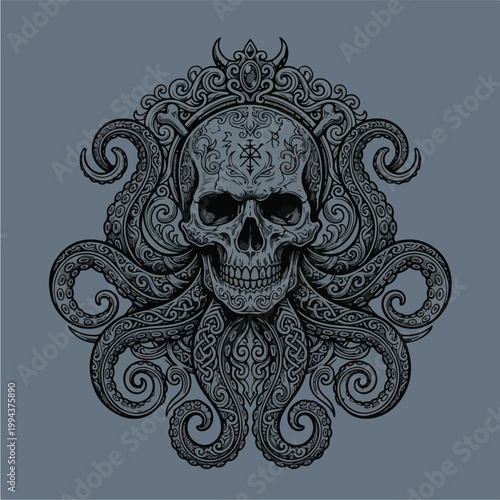 Black Skull With Tentacles Design.