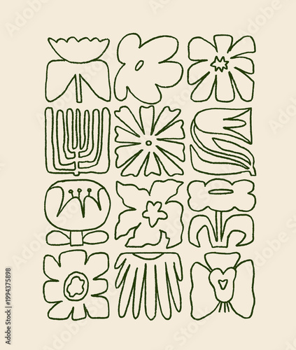 Floral poster, botanical card design in line-art doodle style. Abstract outli...