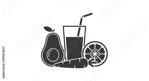 Vector illustration of a fresh juice glass with a straw, accompanied by healthy ingredients like avocado, carrot, and a citrus slice, ideal for nutrition designs.