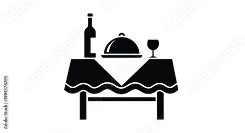 Elegant vector illustration depicting a beautifully set dining table with a wine bottle, cloche-covered dish, and wine glass, perfect for restaurant themes.