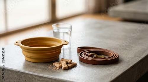 Collapsible dog bowl with leather leash and pet treats on stone table.