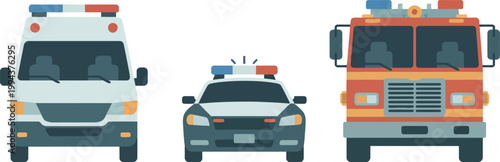 Emergency vehicles lineup including ambulance police car and fire truck on white background