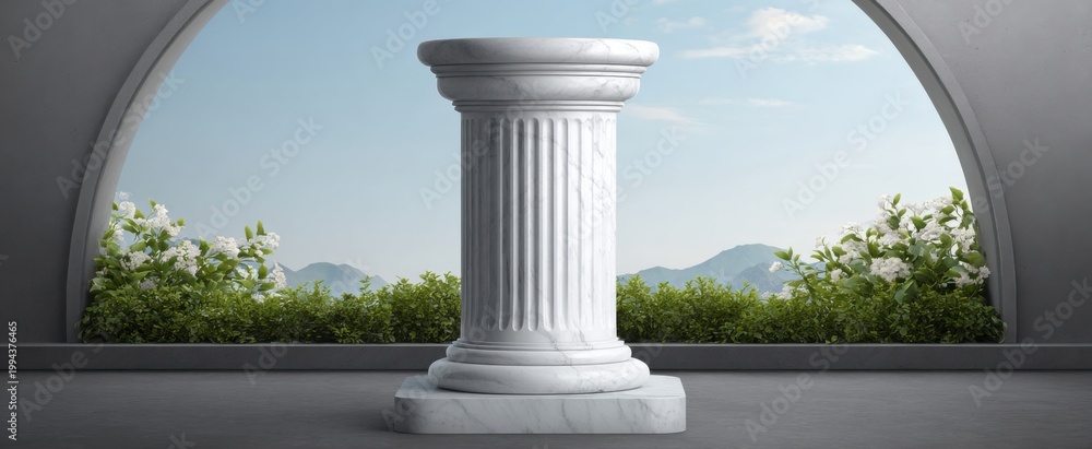 Fototapeta premium A white granite column pedestal with silver band stands like a proud knight by a stone archway.