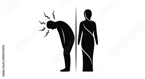A vector illustration depicting two contrasting human figures, one experiencing discomfort and the other standing calmly, representing different states of well-being or transformation.
