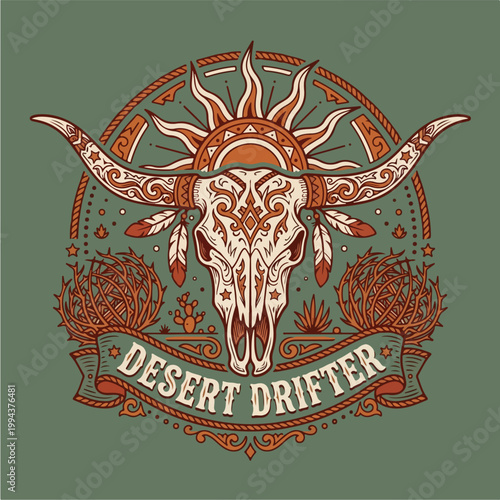 Desert Drifter Bull Skull Design.