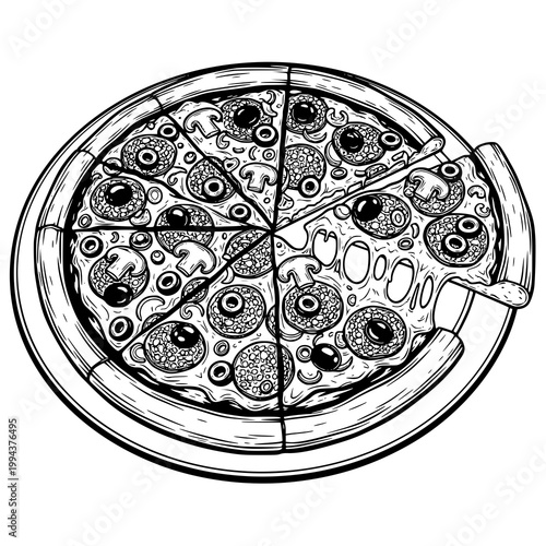 Pizza, monochrome vector illustration. Black silhouette of pizza with mushrooms, olives, pepper and cheese. JPEG version.