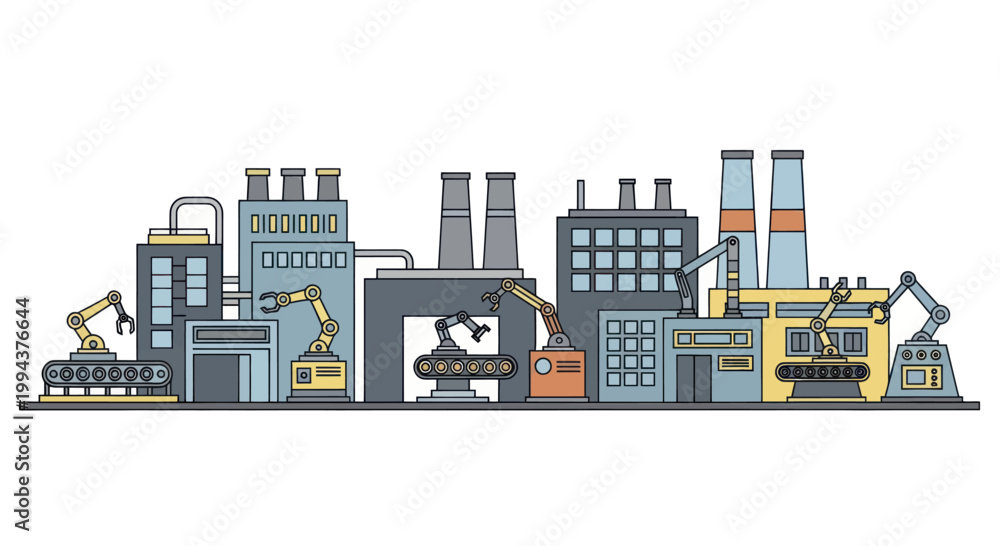 Obraz premium Modern Industrial Factory Building Complex with Robotic Arms and Production Lines.