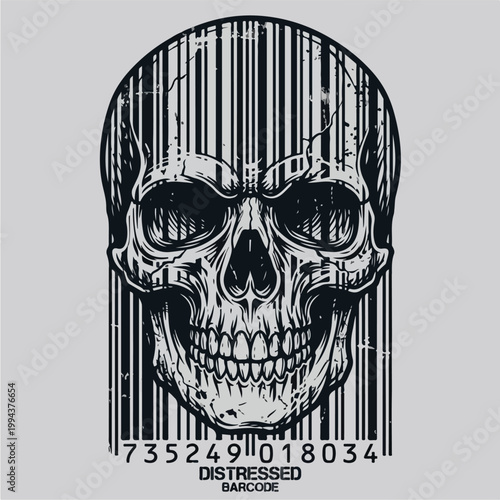 Distressed Skull Barcode Tattoo Design.