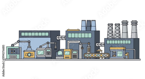 Modern Industrial Factory Building with Production Lines and Machinery.