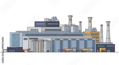 Tableau sur toile Modern Industrial Factory Building with Smokestacks and Trucks.