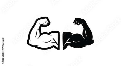 A striking graphic depicts a pair of highly muscular arms split into contrasting black and white halves