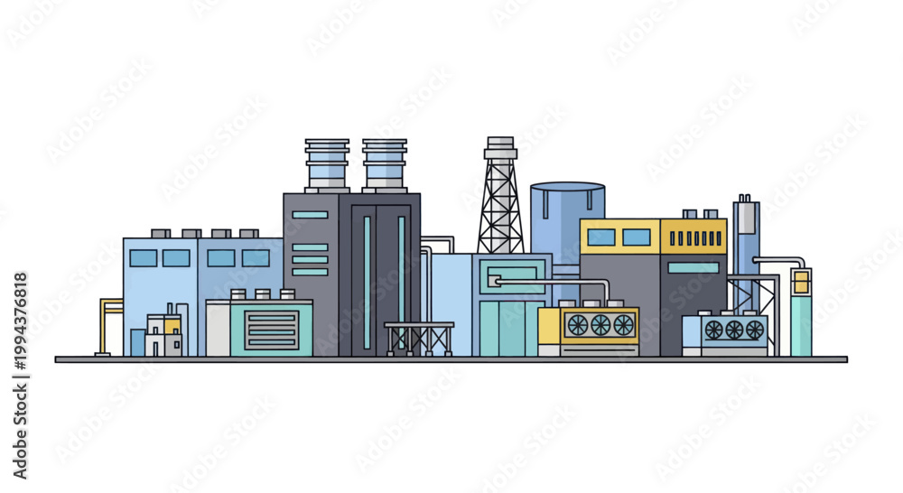 Fototapeta premium Modern Industrial Factory Complex with Cooling Towers and Pipelines.