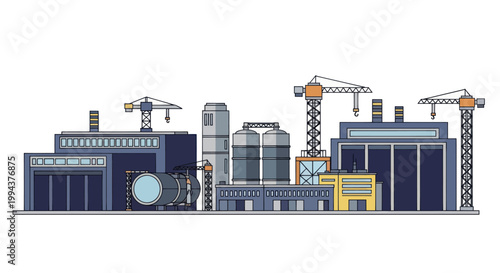 Modern Industrial Factory Complex with Cranes and Silos.