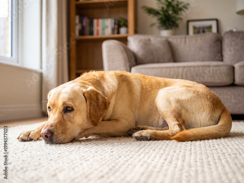 Obraz na plátně Golden Labrador Retriever dog resting quietly on a comfortable, light-colored rug in a sunlit and cozy home interior