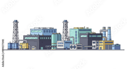 Modern Industrial Factory Complex with Tall Chimneys and Buildings.