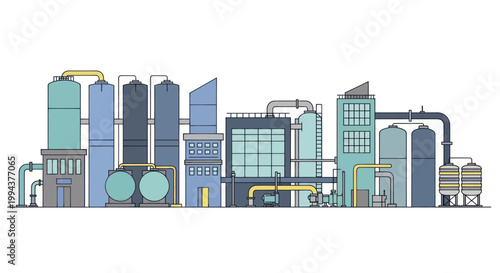 Modern Industrial Factory Complex with Tall Structures and Pipelines.