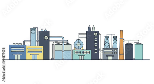 Modern Industrial Factory Complex with Various Buildings and Pipelines.