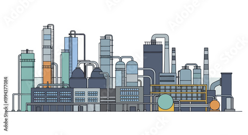 Modern Industrial Factory Complex with Tall Structures and Pipelines.
