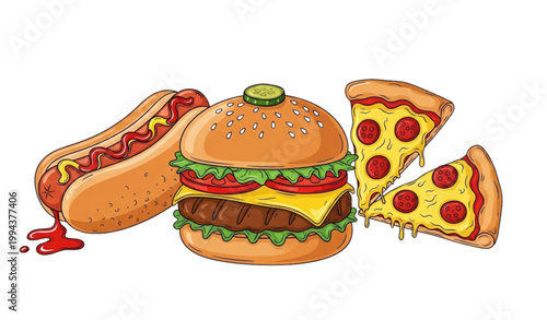 Fast food combo sketch vector burger hotdog pizza hand drawn set