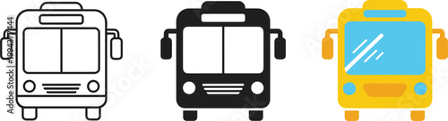 Bus front view icons, outline, solid black, and colorful yellow with blue windows.