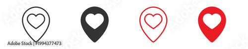 Location love icons set, Map pin heart symbols, Favorite place icons, GPS love vector icons, Location marker symbols