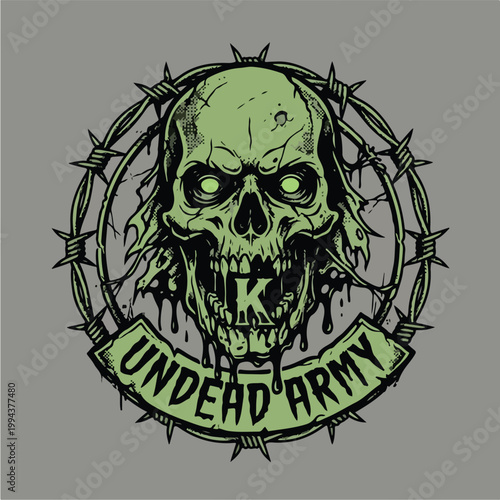 Green skull with barbed wire.