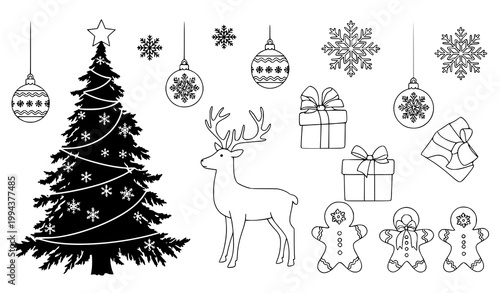Winter Christmas outline silhouette vector set tree snowflake reindeer