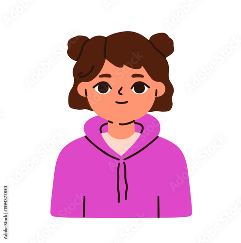 Head portrait of little kid character. Friendly schoolkid with neutral emotion. School girl, child in casual hoodie, face avatar, user profile. Flat vector illustration isolated on white background