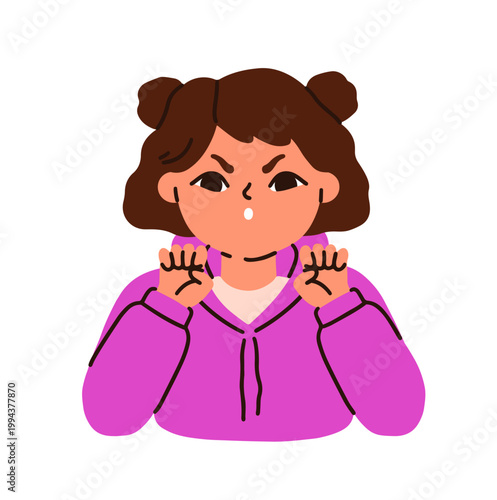 Cute angry girl kid showing claw gesture with hands, teasing. Funny child cha...
