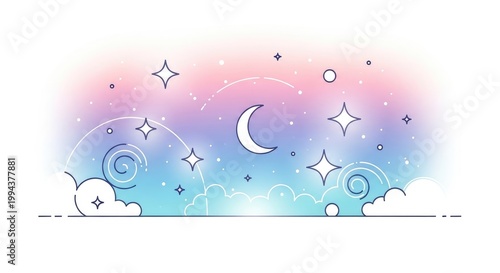 Dreamy Night Sky with Stars and Moon.