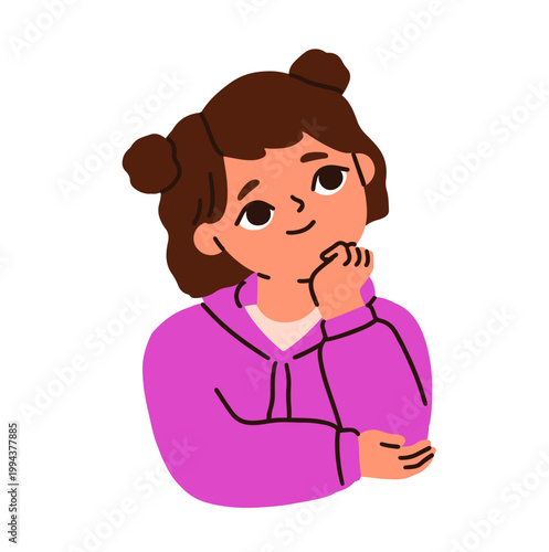 Thoughtful girl looking up. Cute child character thinking, dreaming and imagining. Curious smiling kid planning, thoughts and ideas in mind. Flat vector illustration isolated on white background