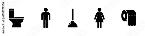 Toilet and bathroom icon set. WC signs, restroom symbols for men and women, hygiene and sanitary silhouettes, black on white.