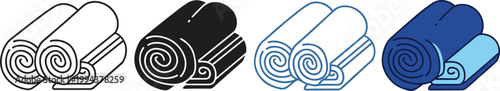 Fabric rolls icon set featuring textile material in various colors and styles from linear to flat for sewing design.