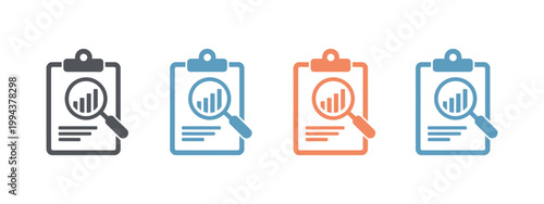 Foto Analytics icon set featuring company growth report, magnifying glass search, gap