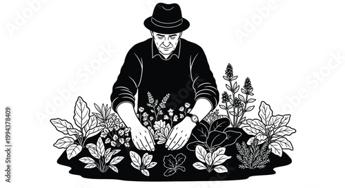 An elderly gardener wearing a hat carefully tends to a diverse array of flourishing plants in this detailed monochrome vector illustration graphic design.