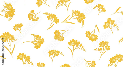 Photos Seamless pattern of small yellow flowers and green leaves, delicate floral desig