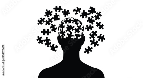 Black vector illustration depicting a human head silhouette filled with puzzle pieces, symbolizing complex thoughts, problem-solving, and the intricate workings of the mind.