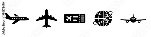 Aviation and flight icon set. Airplane, ticket, and globe travel symbols, airport transportation silhouettes, black on white background. Vector Illustration.	
