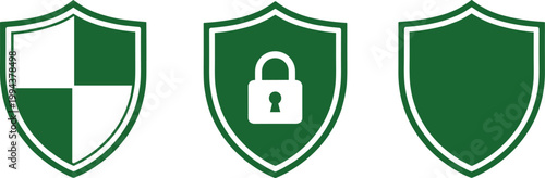 Green shield icons set with protection symbols including lock and solid versions for cybersecurity safety concept.