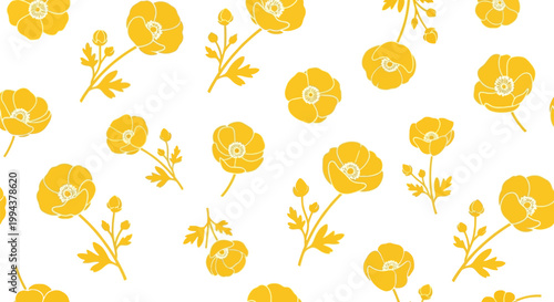 Seamless pattern of yellow poppy flowers and buds on a white background, watercolor style