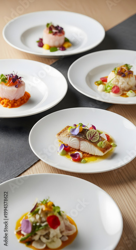 Gourmet seafood dishes presented elegantly on white plates, artfully garnished with fresh herbs and colorful edible flowers