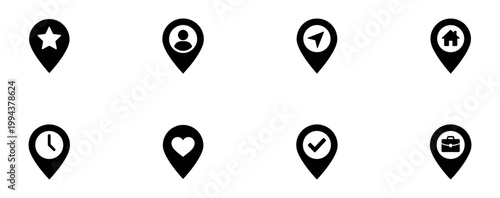 Map pointer location icon set. Navigation pin symbols with various destination signs, black silhouettes on white background. Vector Illustration.	
