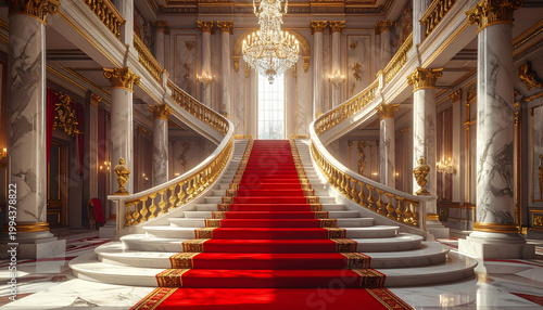 A grand, opulent interior showcases a sweeping marble staircase adorned with a vibrant red carpet, illuminated by a dazzling crystal chandelier and flanked by ornate golden columns.