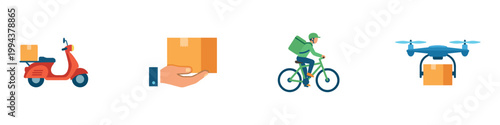 Delivery service and shipping methods, motorcycle, hand holding box, bicycle courier, and drone delivery, colorful icons. Vector Illustration.	
