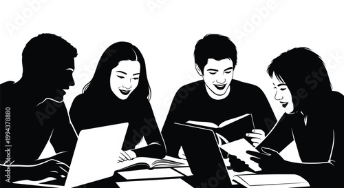 Black and white vector illustration depicting a diverse group of four young students collaborating on an academic project, utilizing laptops and traditional books.