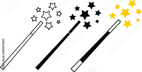 Magic wands with stars flying out, a black and outline version, fantasy and enchantment tools.