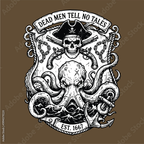Pirate Skull Octopus Tattoo Design.