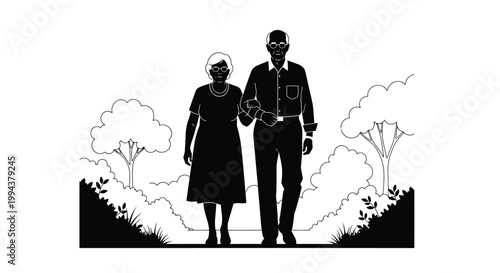 An elderly couple happily walks arm-in-arm through a serene park, depicted as a charming vector graphic illustration with minimalist design elements.