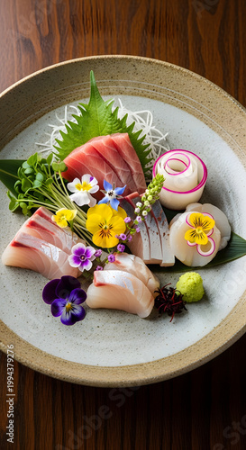 Exquisite Sashimi Platter Fresh Tuna, Scallops, and Delicate Garnishes in a Ceramic Bowl
