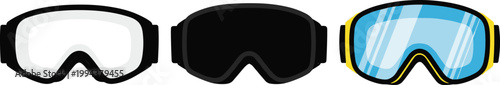 Protective winter sports goggles set with different lens tints for skiing and snowboarding equipment illustration.